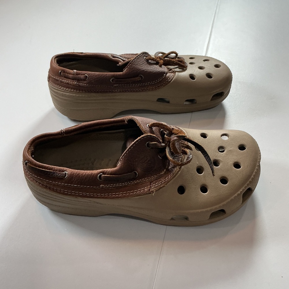 VTG Crocs Tideline Boat Shoe Men 6 Women 8 Brown Leather Croslite Clogs Gorpcore